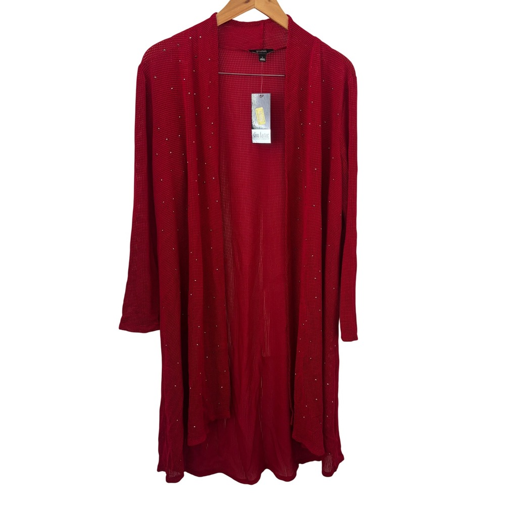 Slim Factor by Investments Cardigan Womens L Red NWT Studded Mesh Duster Long